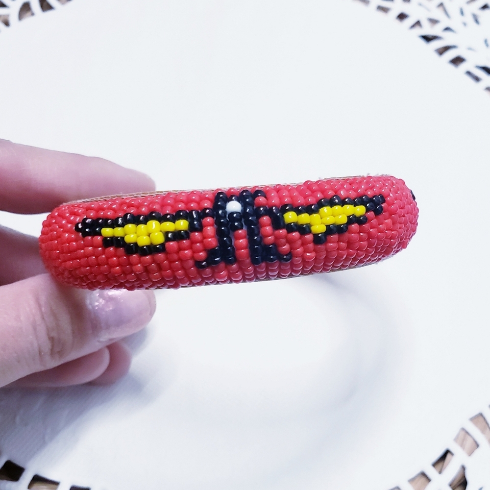 Red Native American Seed Bead Bangle with Thunderbird Figure 0096